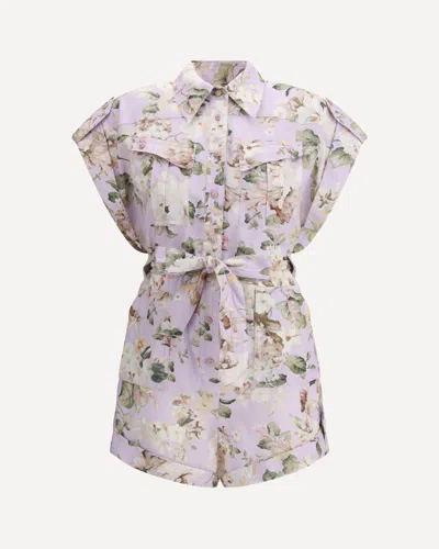 Zimmermann Floral Print Linen Playsuit With Belted Waist And Short Sleeves In Pink