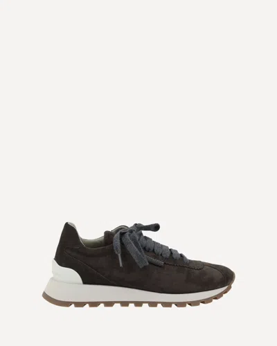 Brunello Cucinelli Brown Low Top Sneakers With Monil Detail On The Side And Embossed Logo Lettering On The Rear In Leat In Black