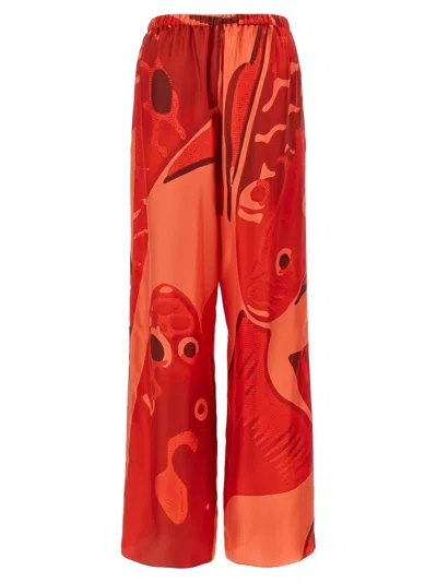 Ferragamo Printed Silk Palazzo Trousers With Elastic Waistband In Red
