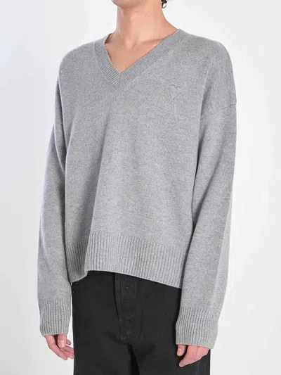 Ami Alexandre Mattiussi Ami V-neck Ribbed Sweater With Embroidered Logo In Gray