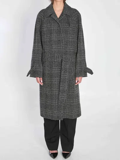 Balenciaga One Layer Checked Belted Coat In Gray
