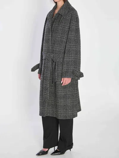 Balenciaga One Layer Checked Belted Coat In Gray