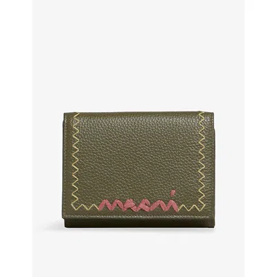 Marni Womens Green Embroidered-logo Tri-fold Leather Wallet In Green