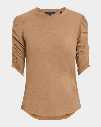 Veronica Beard Waldorf Ruched Sleeve Cotton Slub Top In Brown