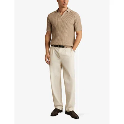 Reiss Taupe Burnham Cotton Blend Textured Half Zip Polo Shirt In Brown