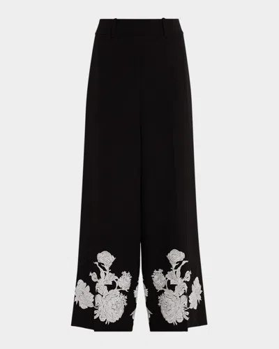 Elie Tahari The Isla Embroidered Wide-leg Pants In Black