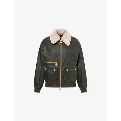 Barbour Womens Archive Olive Maxine Faux-fur-collar Waxed-cotton Jacket In Green