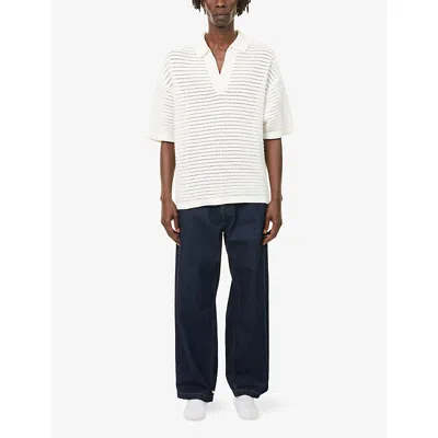 The Couture Club Mens White Crochet Relaxed-fit Knitted Polo Shirt Xl In White
