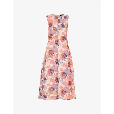 Whistles Womens Multi-coloured Floral-print Round-neck Textured Stretch-cotton Midi Dress In Pink