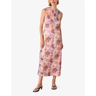 Whistles Womens Multi-coloured Floral-print Round-neck Textured Stretch-cotton Midi Dress In Pink