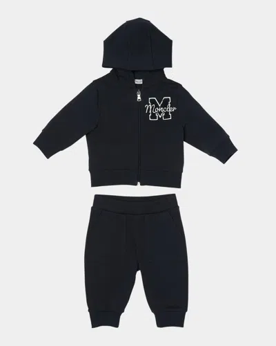 Moncler Boy's M Logo Embroidered Zip-front Hoodie & Joggers In Black