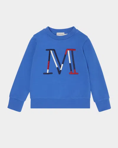 Moncler Boy's Tricolor Embroidered M Logo Sweatshirt In Blue