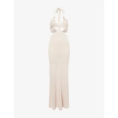 Pretty Lavish Womens Stone Candice Halterneck Knitted Maxi Dress Xs In Neutral