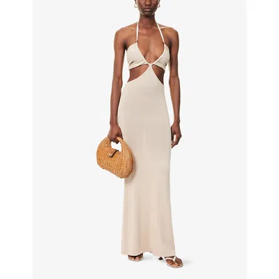 Pretty Lavish Womens Stone Candice Halterneck Knitted Maxi Dress Xs In Neutral