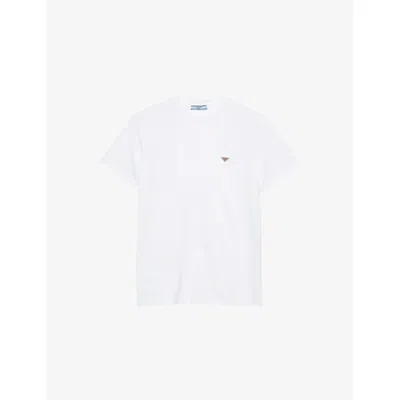 Prada Womens White Brand-plaque Short-sleeved Cotton-jersey T-shirt Xs