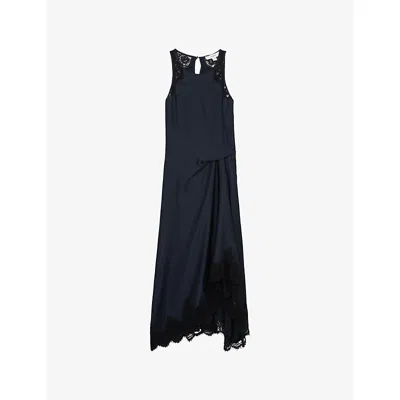 Reiss Womens Navy Anais Round-neck Lace-embroidered Asymmetric Satin Midi Dress