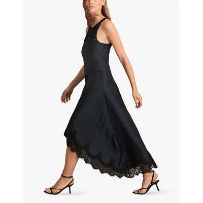 Reiss Womens Navy Anais Round-neck Lace-embroidered Asymmetric Satin Midi Dress