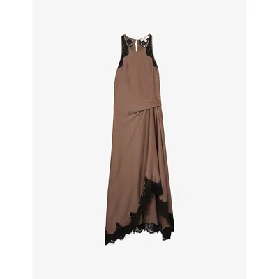 Reiss Womens Mocha Brown Anais Round-neck Lace-embroidered Asymmetric Satin Midi Dress