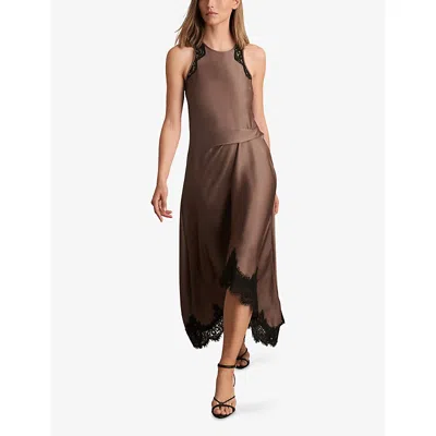 Reiss Womens Mocha Brown Anais Round-neck Lace-embroidered Asymmetric Satin Midi Dress
