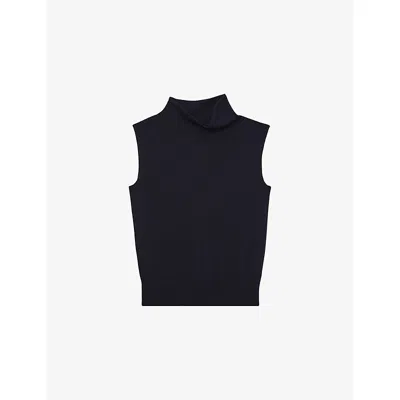 Reiss Womens Navy Harper Funnel-neck Sleeveless Wool Top In Black