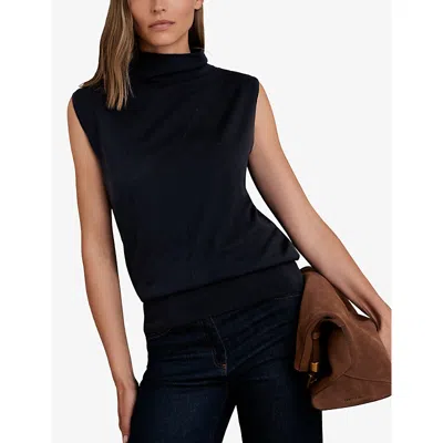 Reiss Womens Navy Harper Funnel-neck Sleeveless Wool Top In Black
