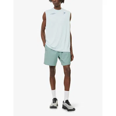 Gymshark Mens Gs Celeste Blue Arrival 7' Logo-print Woven Shorts In Green