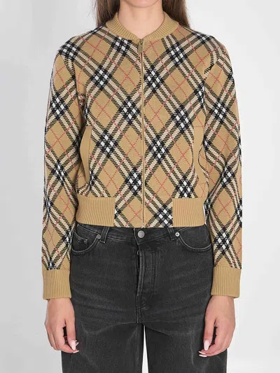 Burberry Cropped Check Knit Sweater With Ribbed Details In Multi