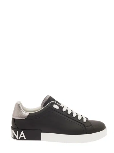 Dolce & Gabbana Portofino Black Low Top Sneakers With Metal Heel Tab And Logo Patch In Leather Man In Black
