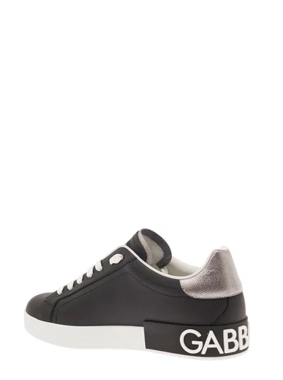 Dolce & Gabbana Portofino Black Low Top Sneakers With Metal Heel Tab And Logo Patch In Leather Man In Black