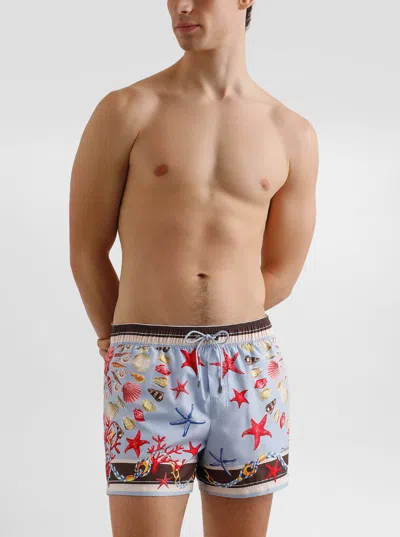 Dolce & Gabbana Light Blue Swim Shorts With Drawstring Elastic Waist And All-over Print In Multi