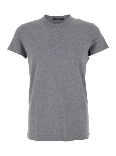 Dolce & Gabbana Grey Crewneck T-shirt With Tonal Logo Lettering Embroidery On The Front In Gray