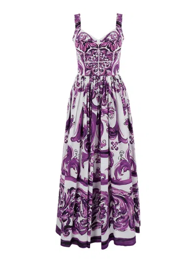 Dolce & Gabbana Dress With Purple Majolica Print In Cotton Poplin In Purple