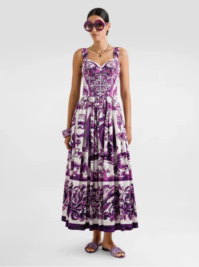 Dolce & Gabbana Dress With Purple Majolica Print In Cotton Poplin In Purple