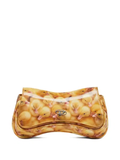 Diesel Play-glossy Clutch With Print In Gold
