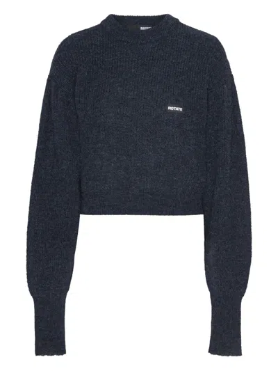 Rotate Birger Christensen Crew Neck Cropped Knit Puff Sweater In Blue