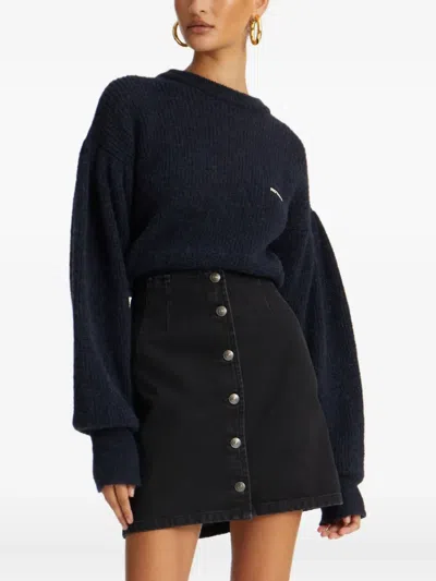 Rotate Birger Christensen Crew Neck Cropped Knit Puff Sweater In Blue