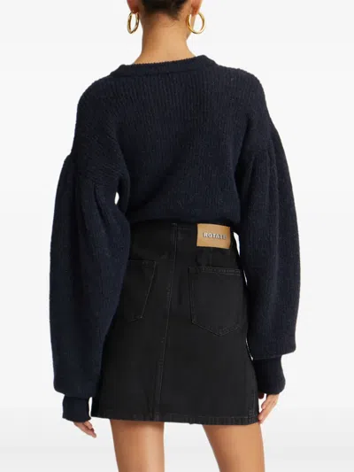 Rotate Birger Christensen Crew Neck Cropped Knit Puff Sweater In Blue