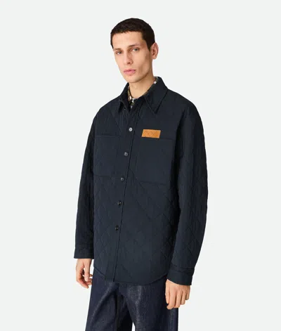Bottega Veneta Quilted Cotton Overshirt With Front Pocket And Rounded Hem In Blue
