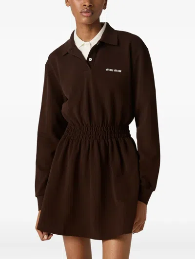Miu Miu Logo-print Cotton Dress In Brown