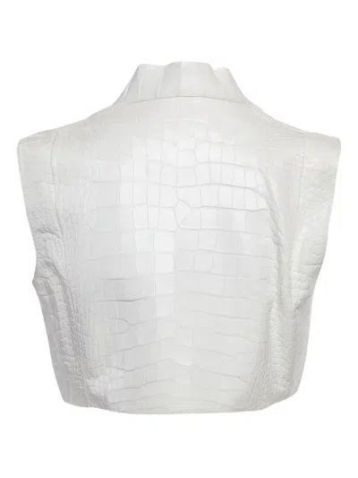 Pre-owned Dennis Basso Crocodile-embossed Leather Zip Vest In White