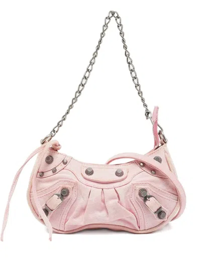Pre-owned Balenciaga Mini Le Cagole Studded Denim Shoulder Bag In Pink