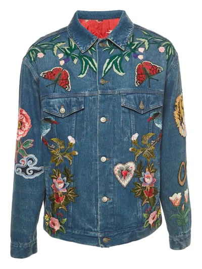 Pre-owned Gucci Floral-embroidered Jacket In Blue
