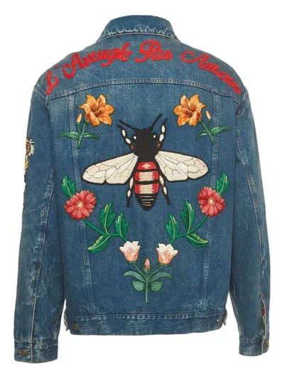 Pre-owned Gucci Floral-embroidered Jacket In Blue