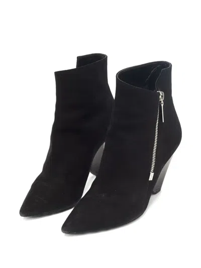 Pre-owned Saint Laurent 80mm Suede Zip Point Toe Boots In Black