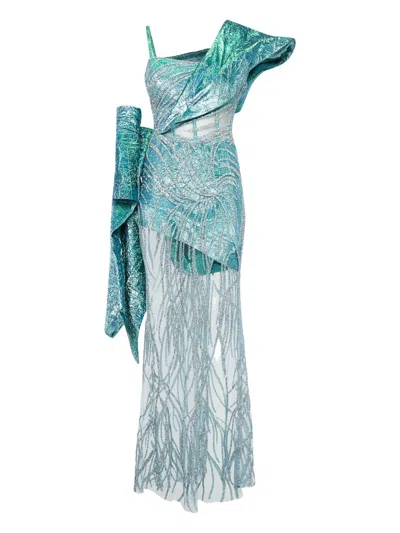 Pre-owned Ihab Jiryis Embellished One-shoulder Dress In Blue