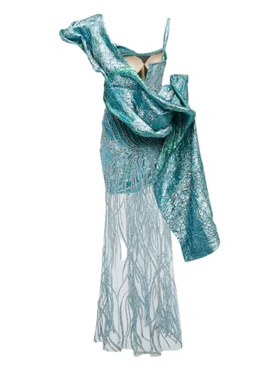 Pre-owned Ihab Jiryis Embellished One-shoulder Dress In Blue