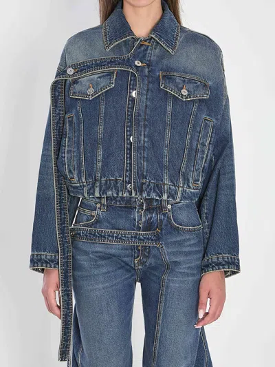 Jean Paul Gaultier Chest Strap Faded Denim Jacket In Blue