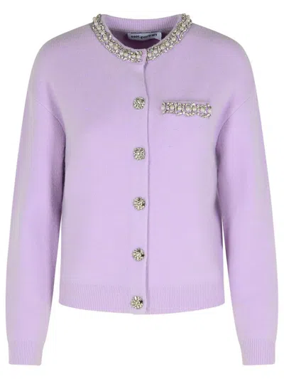Self-portrait Lilac Crystal Trim Knit Cardigan In Purple