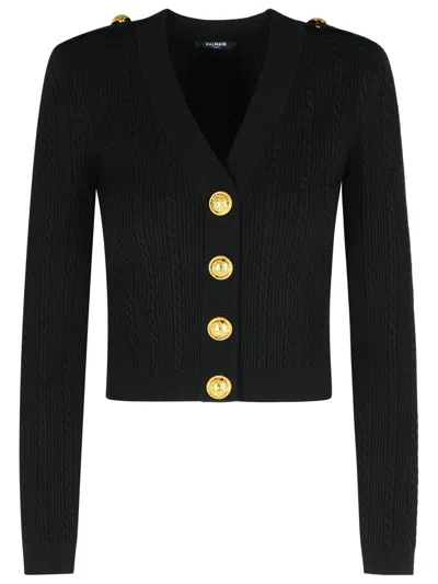 Balmain Structured Shoulder Black V-neck Cardigan With Decorative Buttons In Black