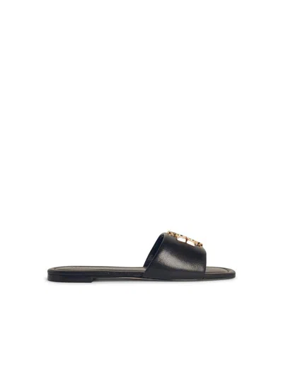 Tory Burch Eleanor Leather Medallion Flat Slide Sandals In Black